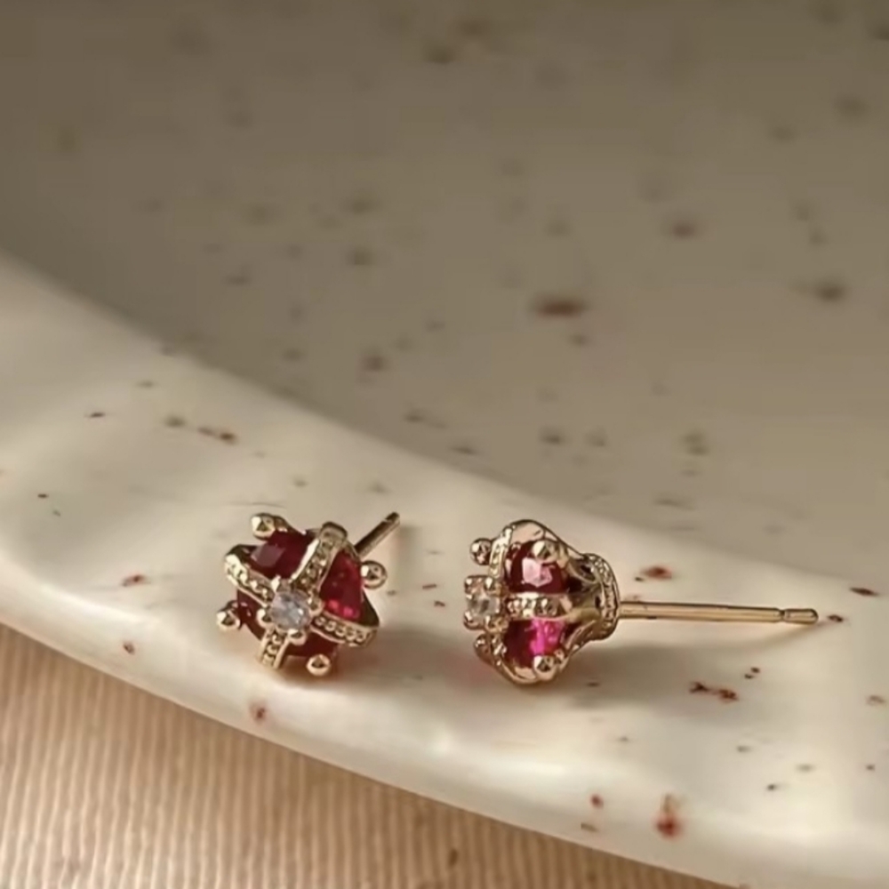 18 KT Over Sterling Silver Gold Ruby Crown Stud Earrings